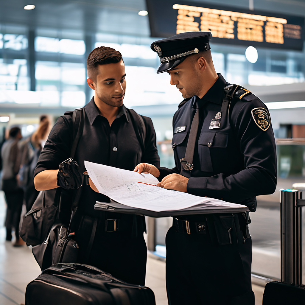 공항 수하물 수취대에서 세관원이 여행자의 가방을 검사하고 관세 고지서를 건네주며 해외 직구 세금 신고 절차를 안내하는 장면입니다.
