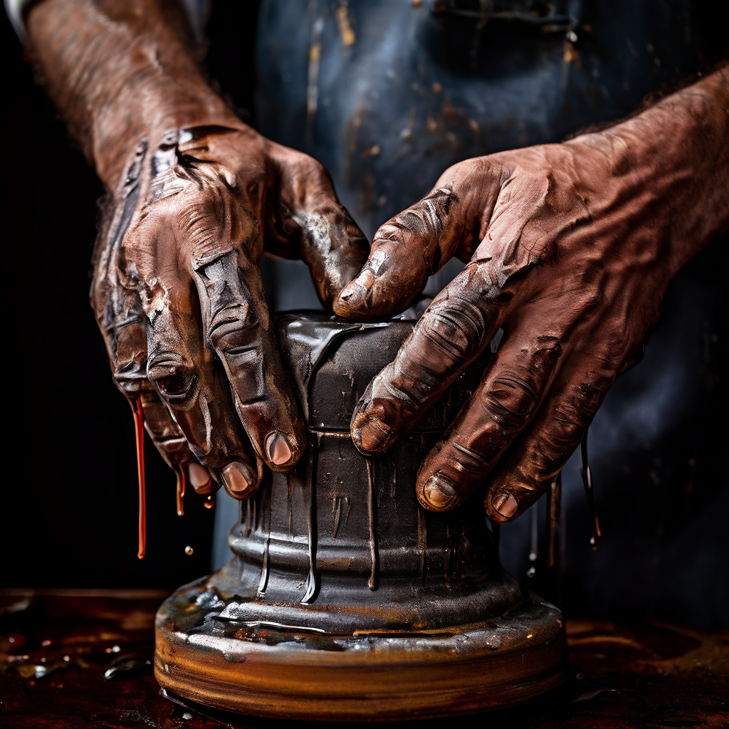 빨간색, 흰색, 파란색의 전통 이발소 간판이 녹아 눈물처럼 흘러내리며, 그 아래 노련한 이발사의 손이 정지해 있습니다.