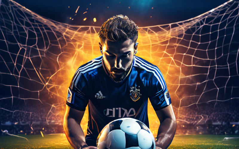 축구 선수가 빈 골대를 향한 결정적인 슛을 놓친 후 좌절하며 고개를 감싸 쥔 채 실망하고 있는 모습을 담은 이미지입니다.