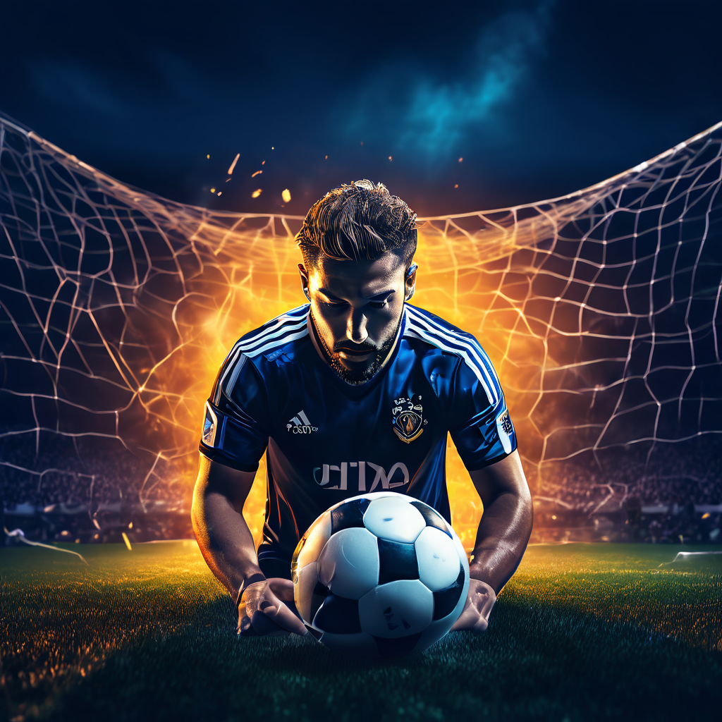 축구 선수가 빈 골대를 향한 결정적인 슛을 놓친 후 좌절하며 고개를 감싸 쥔 채 실망하고 있는 모습을 담은 이미지입니다.