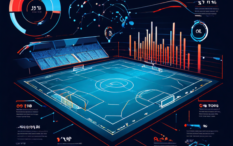 축구장을 배경으로 VAR 시스템 도입 전후의 득점 패턴 변화를 분석한 인포그래픽으로, 화면 오버레이와 화살표, 그래프를 통해 기술 도입이 경기 결과에 미친 영향을 시각적으로 설명합니다.