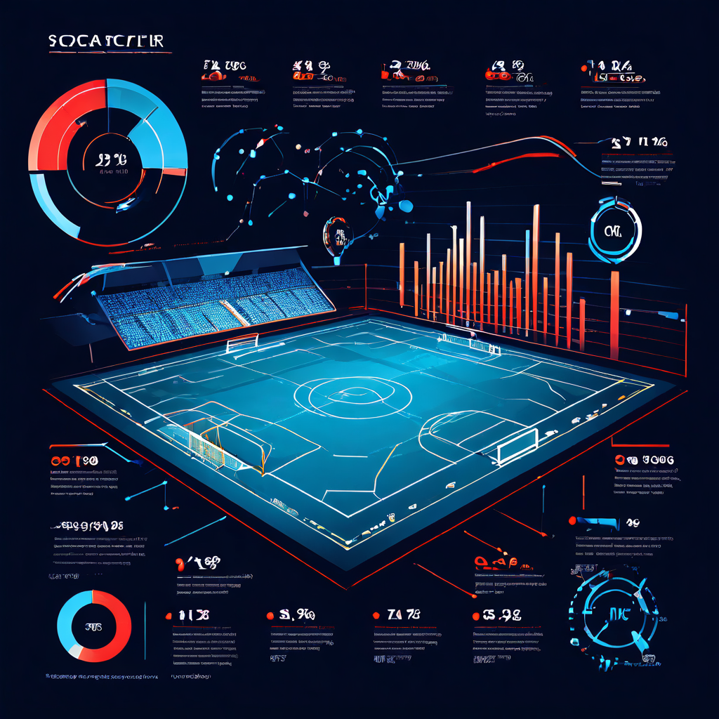 축구장을 배경으로 VAR 시스템 도입 전후의 득점 패턴 변화를 분석한 인포그래픽으로, 화면 오버레이와 화살표, 그래프를 통해 기술 도입이 경기 결과에 미친 영향을 시각적으로 설명합니다.