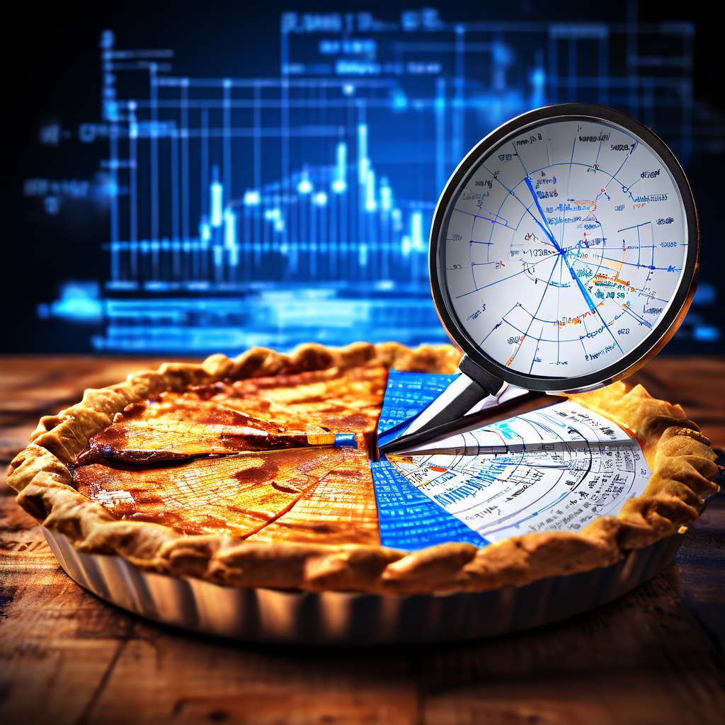 가짜 시장 점유율 데이터를 확대경으로 분석하며 기술적 설계도 배경 위에 깨진 파이 차트가 배치된, 데이터 조작과 신뢰성 문제를 경고하는 개념 이미지입니다.