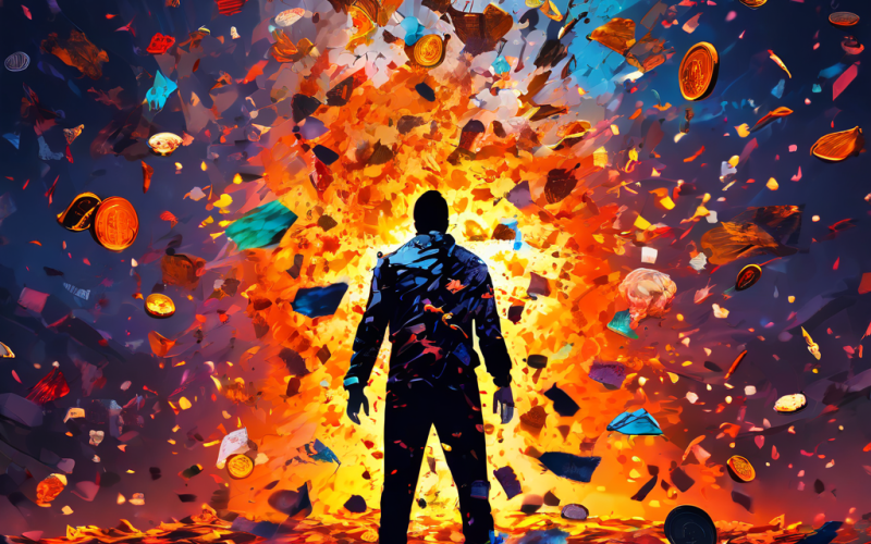 금전적 스트레스와 심리적 갈등을 상징적으로 표현한 이미지로, 유리처럼 갈라진 가슴 속에서 추상적이고 다채로운 감정의 폭풍이 동전이 떨어질 때마다 격렬하게 분출하는 모습을 묘사하고 있습니다.