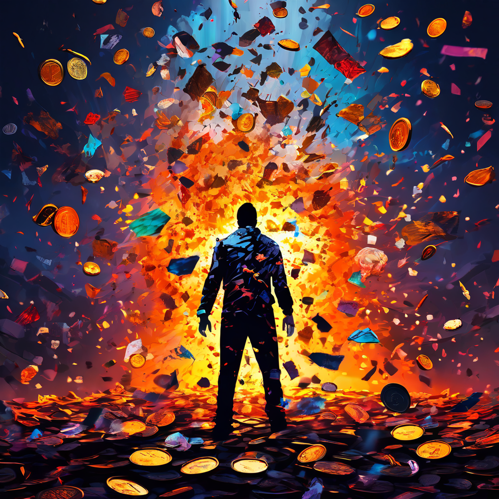 금전적 스트레스와 심리적 갈등을 상징적으로 표현한 이미지로, 유리처럼 갈라진 가슴 속에서 추상적이고 다채로운 감정의 폭풍이 동전이 떨어질 때마다 격렬하게 분출하는 모습을 묘사하고 있습니다.