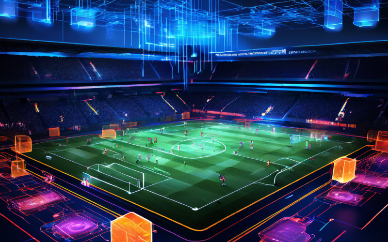 데이터 분석이 축구 선수의 움직임과 경기 흐름에 미치는 체계적인 영향을 설명하는, 빛나는 데이터 스트림과 정보 카드가 오버레이된 축구 경기장의 조감도 형식 다이어그램입니다.