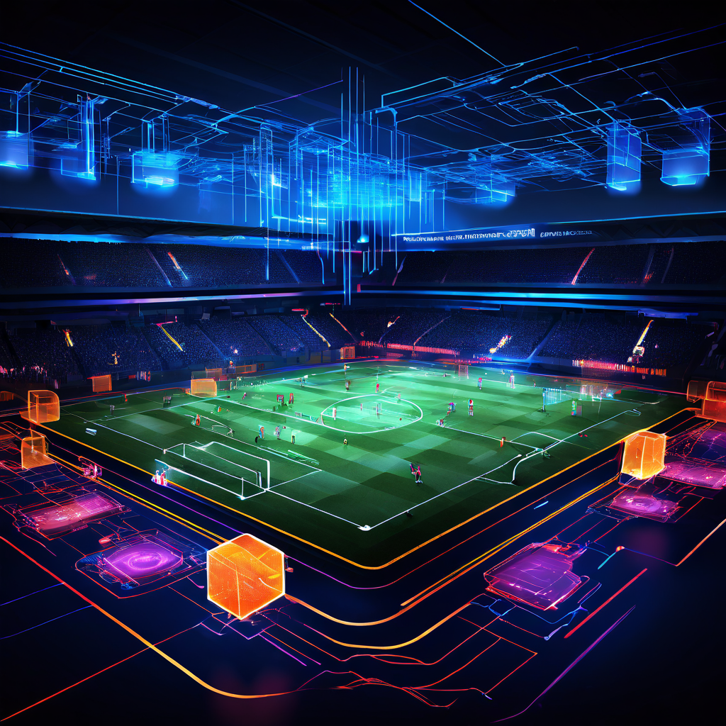 데이터 분석이 축구 선수의 움직임과 경기 흐름에 미치는 체계적인 영향을 설명하는, 빛나는 데이터 스트림과 정보 카드가 오버레이된 축구 경기장의 조감도 형식 다이어그램입니다.