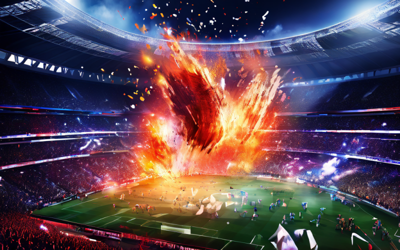 프리미어리그 축구 경기의 승부를 가르는 빛나는 데이터 흐름과 예측 불가한 변수들이 혼돈 속에서 격렬하게 충돌하는 디지털 분석 배틀필드를 상징적으로 표현한 이미지입니다.