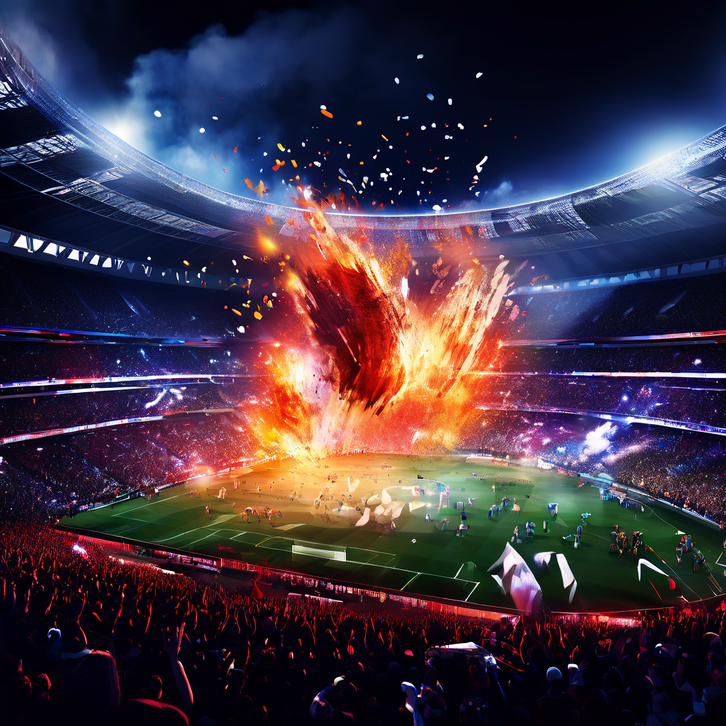 프리미어리그 축구 경기의 승부를 가르는 빛나는 데이터 흐름과 예측 불가한 변수들이 혼돈 속에서 격렬하게 충돌하는 디지털 분석 배틀필드를 상징적으로 표현한 이미지입니다.