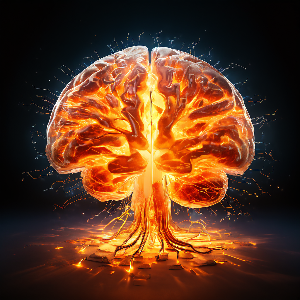 극심한 스트레스와 정신적 압박을 받아 금이 가고 붕괴 직전의 상태를 표현한 인간 두뇌가 주변 공간을 왜곡하는 피로의 파장을 발산하고 있습니다.