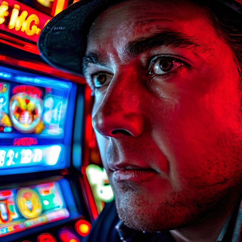 회전하는 슬롯머신에 비친 걱정 가득한 사람의 얼굴 클로즈업으로, 도박 중인 이의 시선이 베팅 칩과 줄어드는 계좌 잔고 명세서를 향해 급히 움직이는 모습을 담고 있습니다.