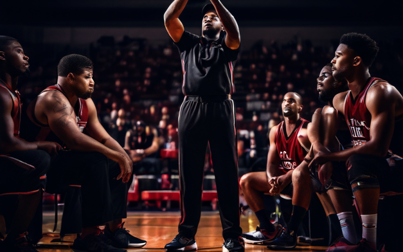 접전을 벌이는 농구 경기 마지막 4쿼터에 작전 타임을 통해 주전 선수들을 교체하며 전략을 짜는 감독의 집중된 모습을 담은 이미지입니다.