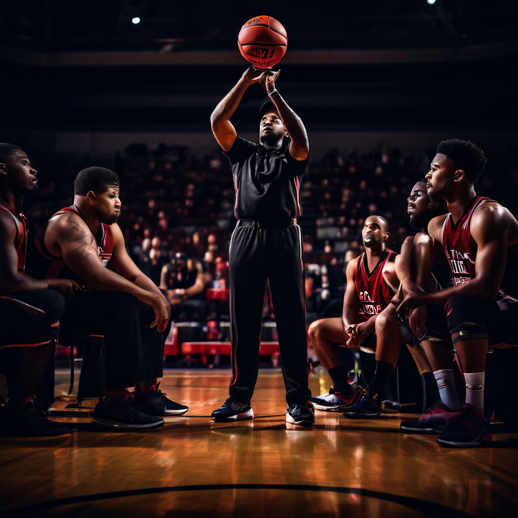 접전을 벌이는 농구 경기 마지막 4쿼터에 작전 타임을 통해 주전 선수들을 교체하며 전략을 짜는 감독의 집중된 모습을 담은 이미지입니다.