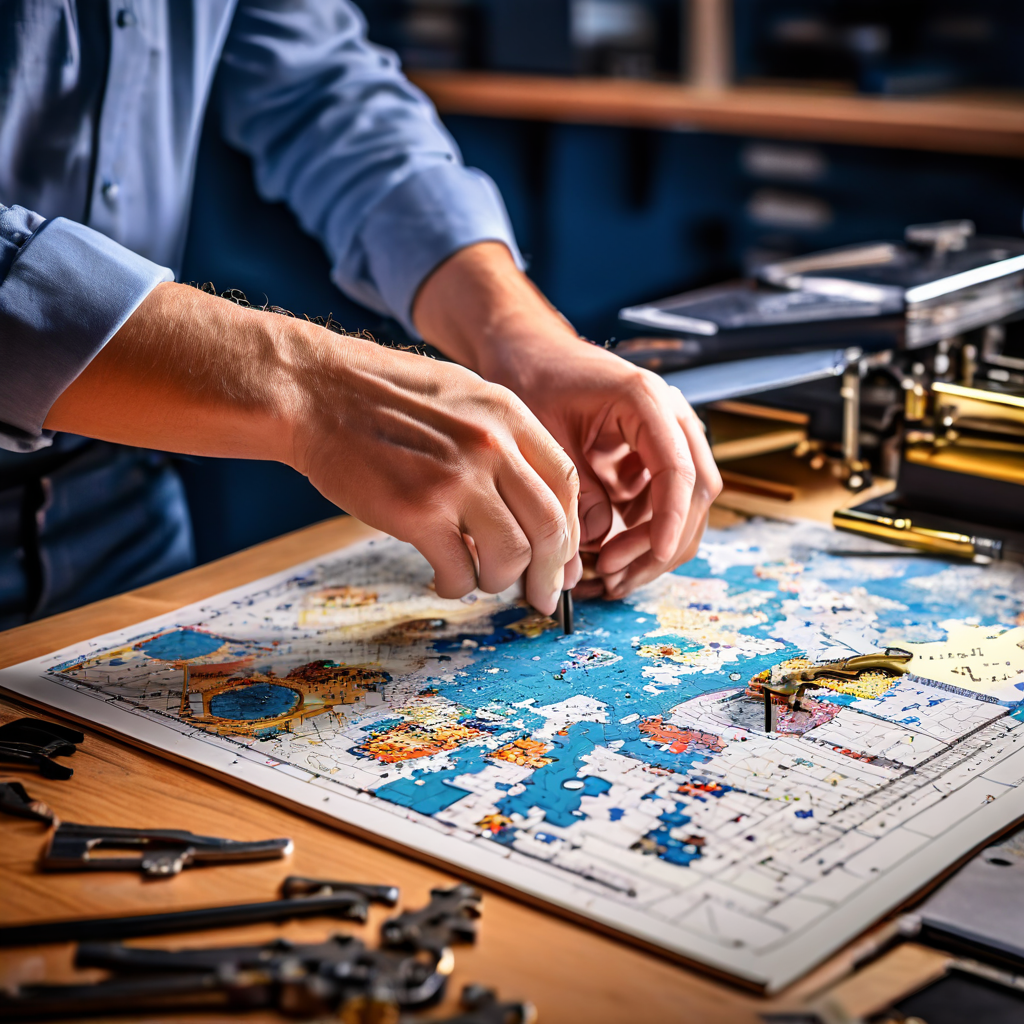복잡한 퍼즐의 마지막 조각을 전문가의 손이 정확히 끼워 맞추는 모습으로, 성공적인 교체와 완벽한 해결을 상징하며 정돈된 작업 공간과 배경의 정밀 도구 및 청사진이 전문성을 강조합니다.