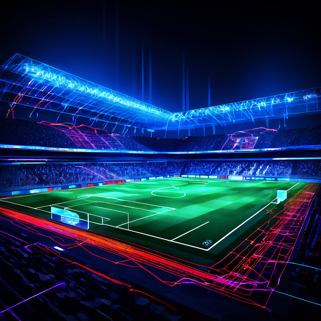 축구 코너킥의 최적 궤적을 빛나는 데이터 스트림과 그래프, 통계로 분석한 전술 분석 다이어그램이 표시된 축구 경기장 도식 이미지입니다.