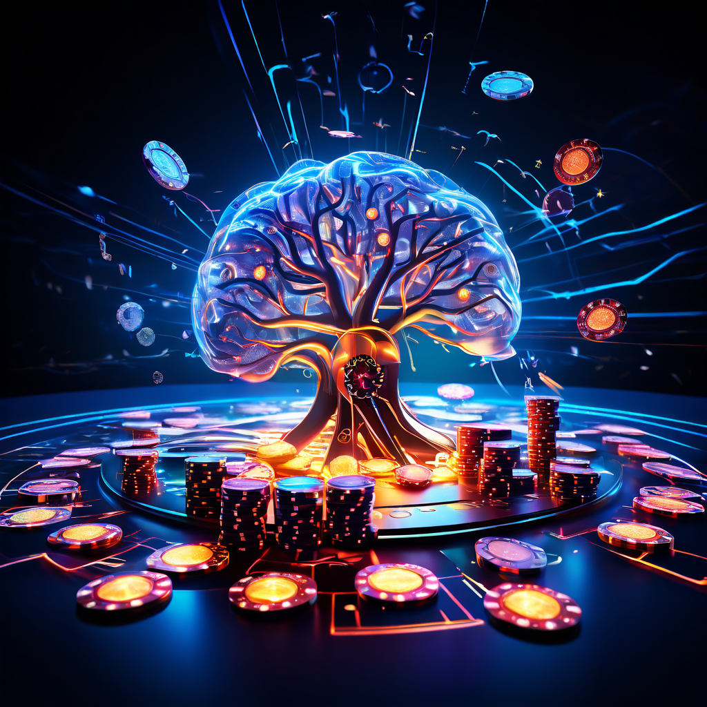 도박의 유혹에 의해 뇌의 신경 회로가 재구성되는 개념을 시각화한 이미지로, 주사위와 포커 칩이 반짝이는 카지노 빛의 소용돌이로 뇌를 끌어당기는 모습을 묘사합니다.