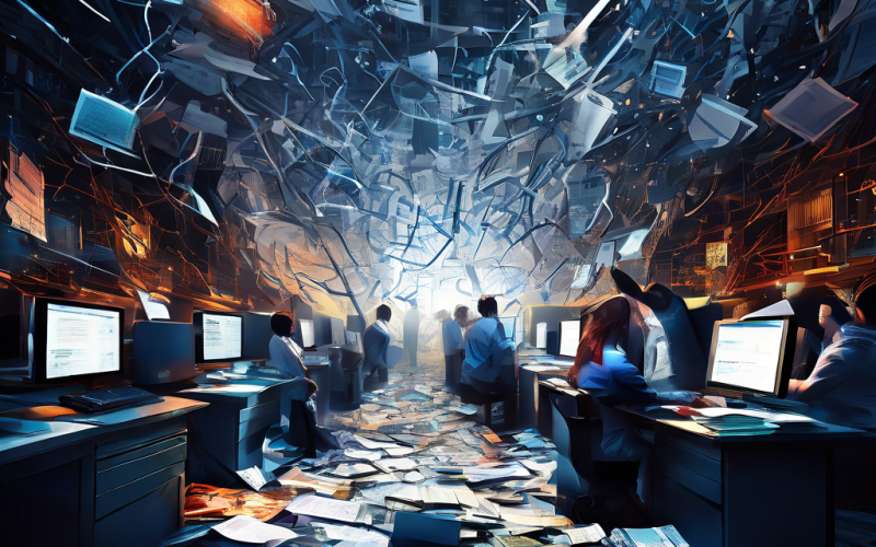 디지털 혁신의 효율성과 수동 업무의 비효율이 충돌하는 모습을 상징하는 이미지로, 교란된 데이터의 폭풍과 느리고 복잡한 서류 작업의 조립 라인이 시각적으로 대비를 이룹니다.