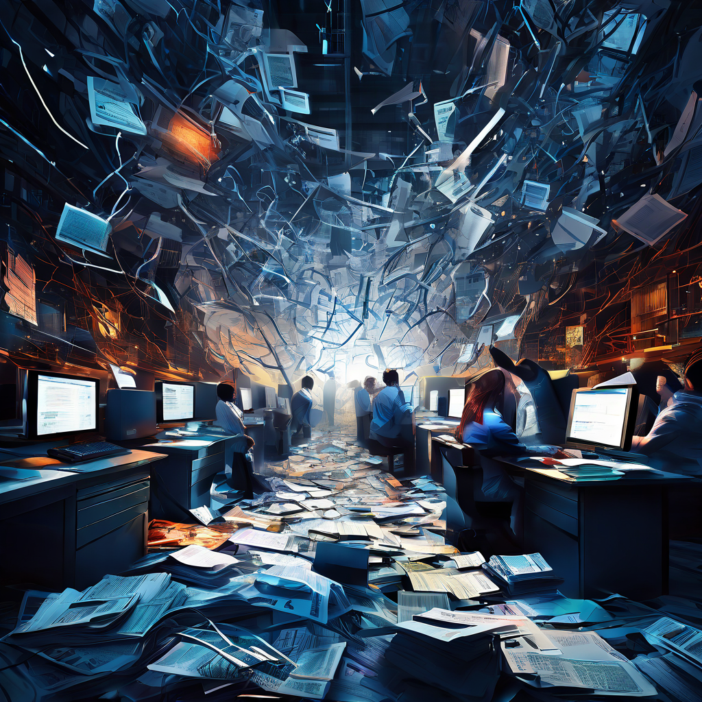 디지털 혁신의 효율성과 수동 업무의 비효율이 충돌하는 모습을 상징하는 이미지로, 교란된 데이터의 폭풍과 느리고 복잡한 서류 작업의 조립 라인이 시각적으로 대비를 이룹니다.
