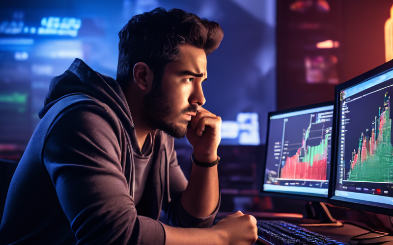 경쟁 게임에서 패배하는 캐릭터와 80% 시장 점유율 차트를 바라보며 좌절감에 빠진 게이머의 모습을 담은 이미지입니다.