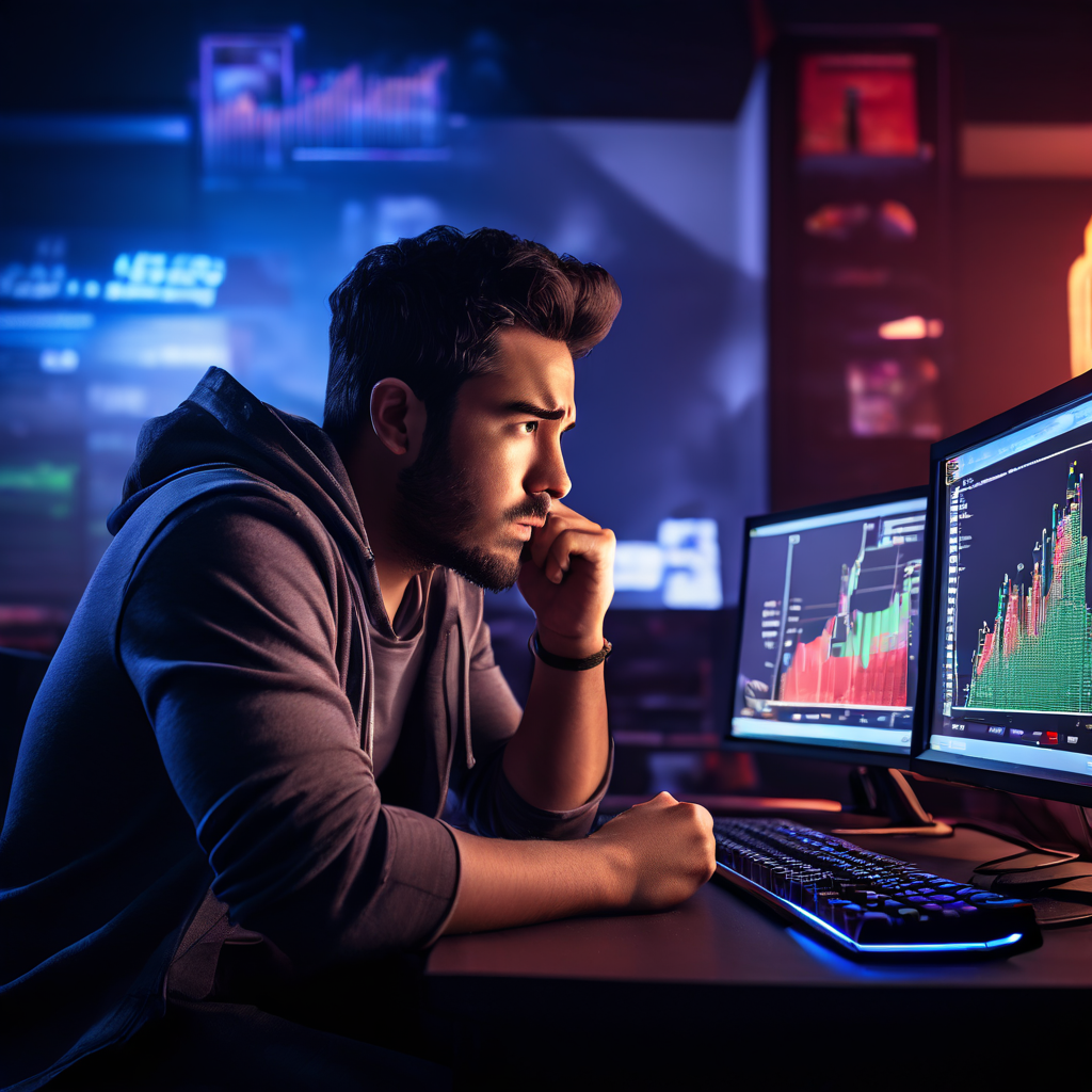 경쟁 게임에서 패배하는 캐릭터와 80% 시장 점유율 차트를 바라보며 좌절감에 빠진 게이머의 모습을 담은 이미지입니다.