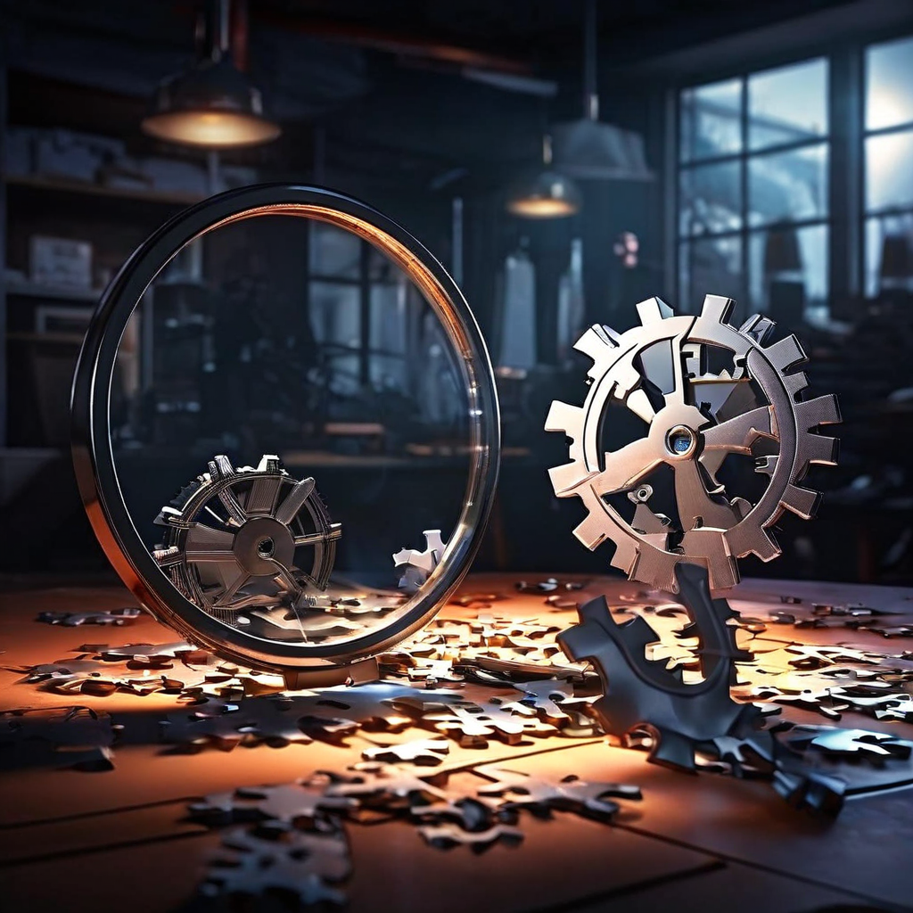 문제 해결 과정에서의 고립감과 협업 부재를 상징적으로 표현한 이미지로, 망가진 기어와 조각난 퍼즐을 확대경으로 살피는 모습과 어두운 개인 공간에서 홀로 일하는 모습이 인접한 빈 회의실과 대조를 이룹니다.