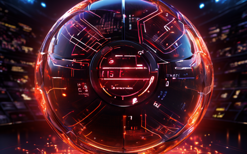 빛나는 축구공이 데이터 구체로 변형되며, 주요 경기 통계와 결정적인 플레이 방향이 어두운 경기장을 밝히고 있는 모습을 시각화한 이미지입니다.