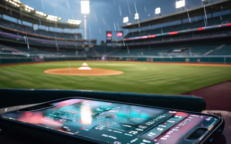 빗방울이 맺힌 빈 야구장 관중석과 함께 스포츠 베터의 휴대폰 화면에 표시된 변동하는 배당률과 취소된 베팅 내역을 클로즈업한 이미지입니다.