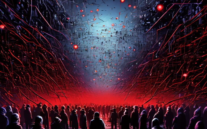 작전 MT 네트의 위험한 매력을 상징하며 압도적인 숫적 우위로 절대적 압박을 가하는 방대한 디지털 존재들의 군집이 펼쳐진 모습을 묘사한 이미지입니다.