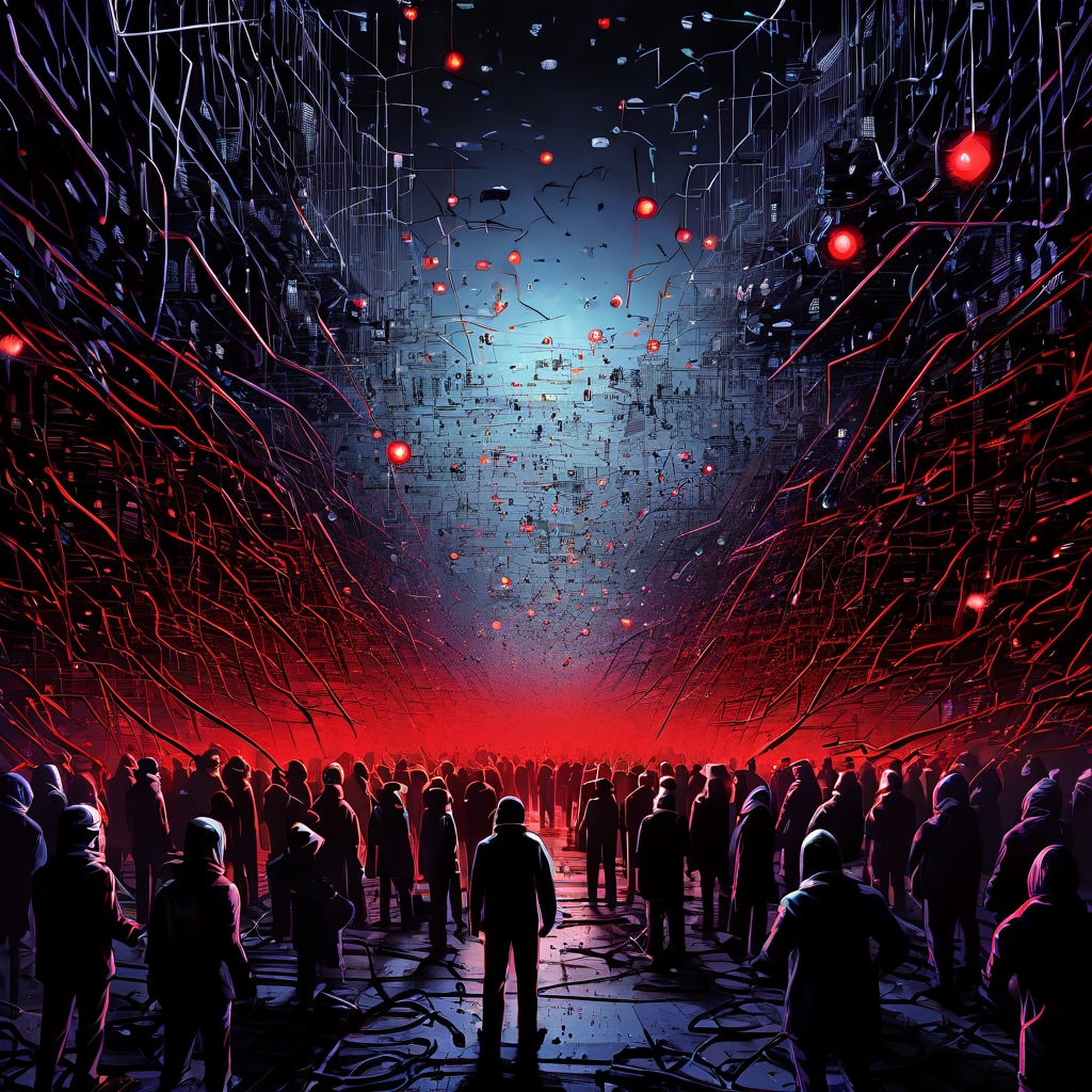 작전 MT 네트의 위험한 매력을 상징하며 압도적인 숫적 우위로 절대적 압박을 가하는 방대한 디지털 존재들의 군집이 펼쳐진 모습을 묘사한 이미지입니다.