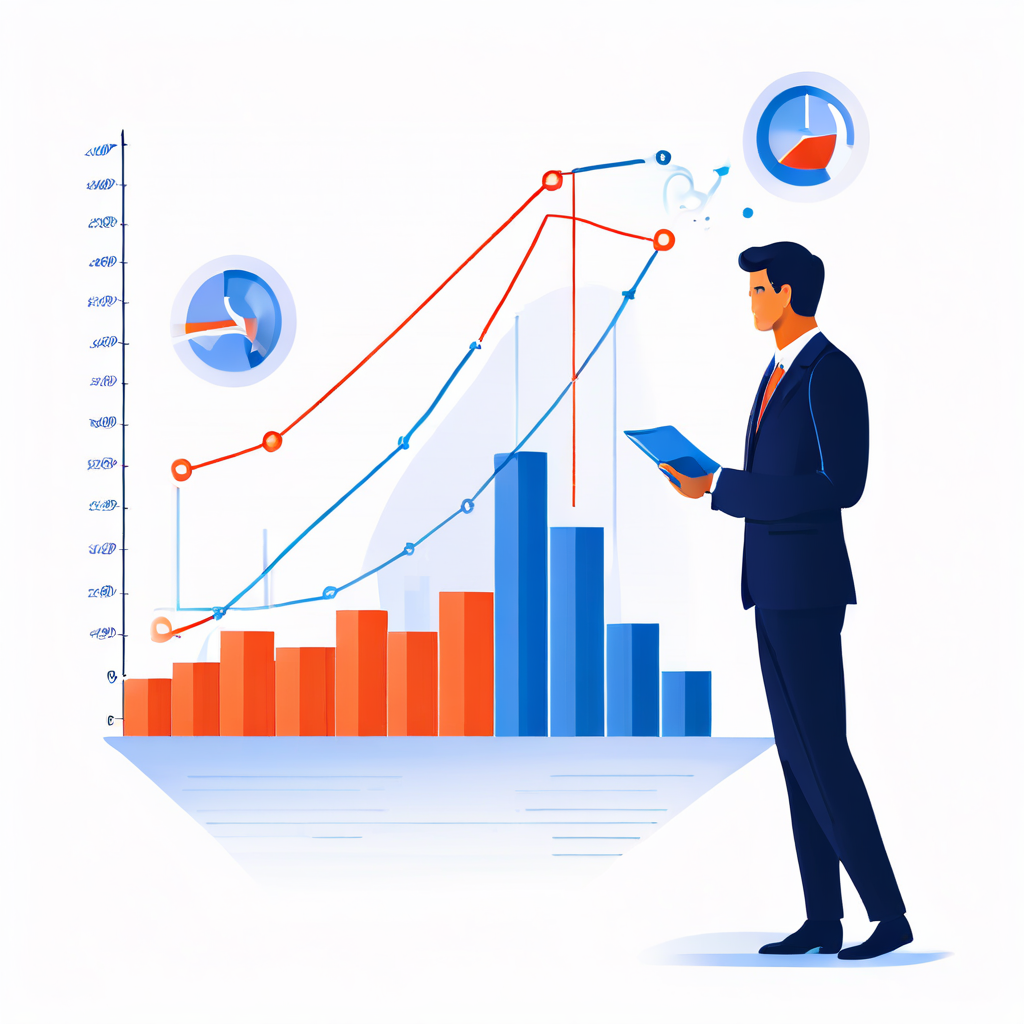 고객 문의 건수는 감소하는 반면 상담 품질 지표는 급격히 상승하는 추세를 분석가가 그래프를 통해 확인하고 있는 모습을 담은 이미지입니다.