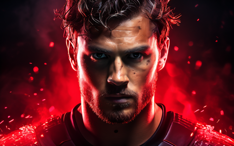 데이터 스트림의 압박 속에서도 굳건한 의지로 생존 본능을 발휘하는 축구 골키퍼의 강렬한 표정과 집중력이 드러나는 이미지입니다.