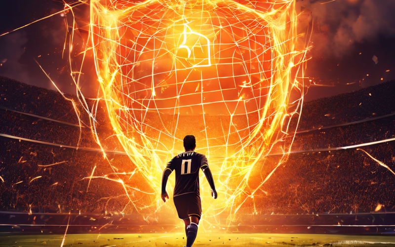 축구 경기에서 골키퍼가 빈 골대를 뒤로 한 채 전진하며, 그의 움직임이 빛나는 수학 공식으로 변환되어 경기장 위에 매달려 있는 상징적인 장면을 표현한 이미지입니다.