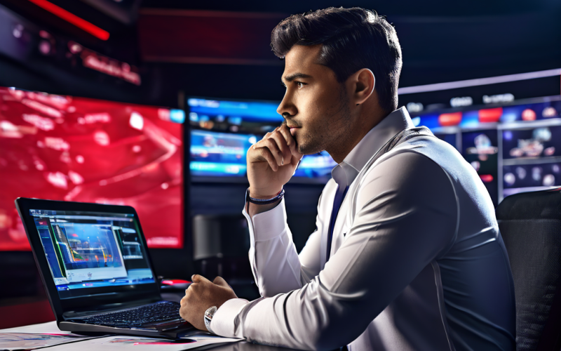 라이벌 팀 유니폼을 입은 스포츠 분석가가 객관적인 시선으로 경기 영상을 분석하며 전략적 관점의 변화를 상징적으로 보여주는 이미지입니다.