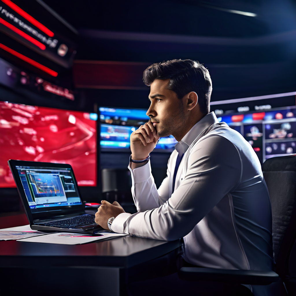 라이벌 팀 유니폼을 입은 스포츠 분석가가 객관적인 시선으로 경기 영상을 분석하며 전략적 관점의 변화를 상징적으로 보여주는 이미지입니다.