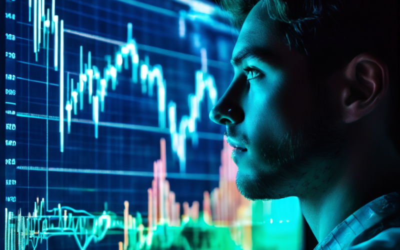 주식 차트의 푸른 빛을 응시하며 미래 수익에 대한 확신에 가득 찬 표정을 지은 투자자의 모습이 화면에 반사되어 있는 모습을 담은 이미지입니다.