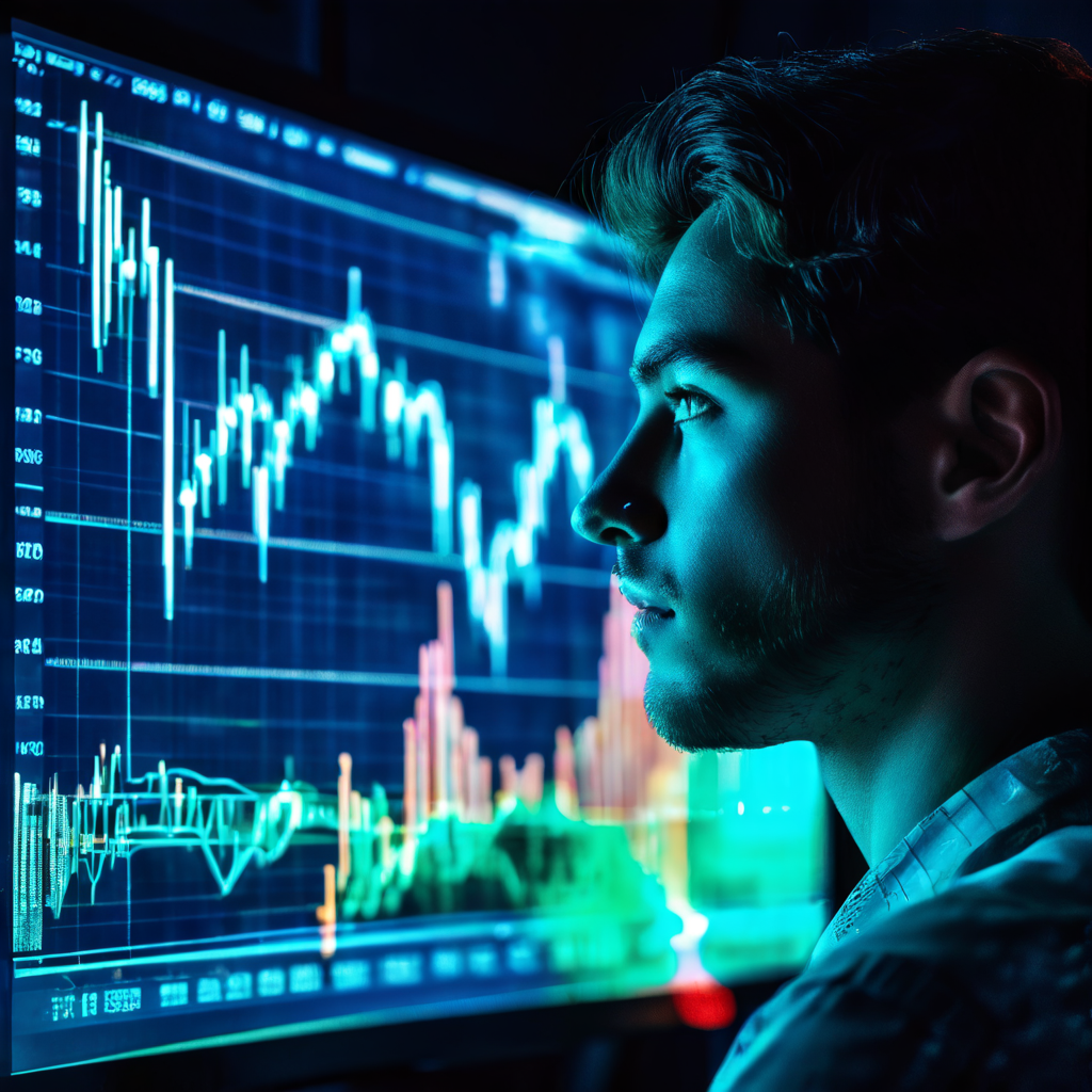 주식 차트의 푸른 빛을 응시하며 미래 수익에 대한 확신에 가득 찬 표정을 지은 투자자의 모습이 화면에 반사되어 있는 모습을 담은 이미지입니다.
