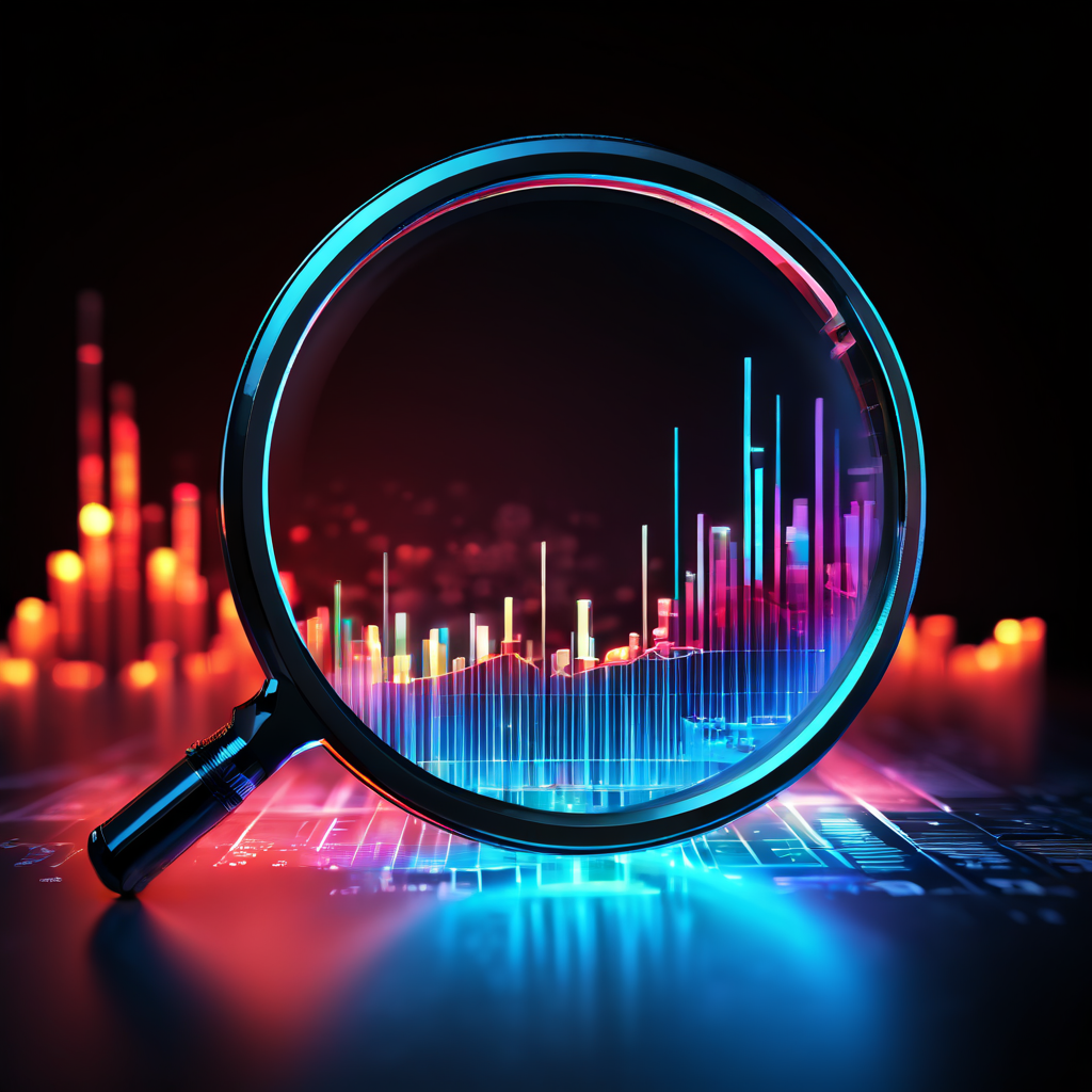 확대경이 빛나는 핵심 성과 지표에 초점을 맞추고, 배경에는 피상적인 막대그래프가 흐릿하게 페이드아웃되는 데이터 분석과 비즈니스 인사이트 이미지입니다.