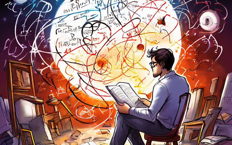 좌절한 작가가 수학적으로 그려야 하는 절망적인 이야기의 그래프와 비극적 플롯 포인트가 혼란스러운 생각 속에서 소용돌이치는 모습을 담은 일러스트입니다.