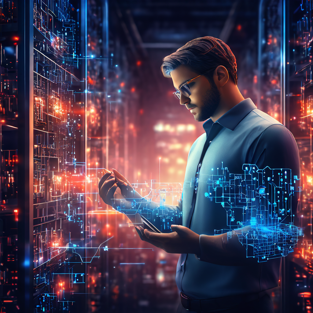 자동화 서버와 인간 상담원 간의 단절된 디지털 연결을 상징적으로 보여주는 이미지로, 빛나는 서버와 사람 사이에 끊어진 체인과 오류 표시가 기술과 인간 간 소통의 결함을 나타냅니다.