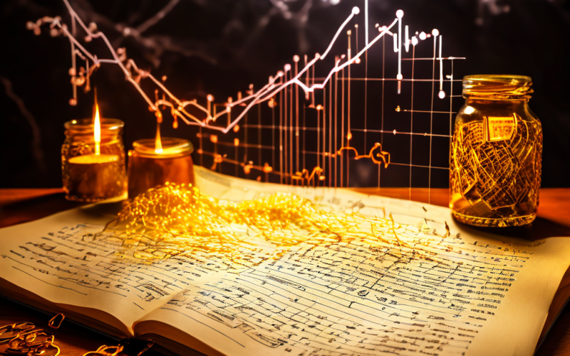 고대 양피지에 적힌 수학 공식이 블록체인의 빛나는 데이터 스트림으로 변수를 입력받아, 혼란스러운 금융 시장 그래프의 폭풍 속에서 확고하게 서 있는 모습을 상징적으로 표현한 이미지입니다.