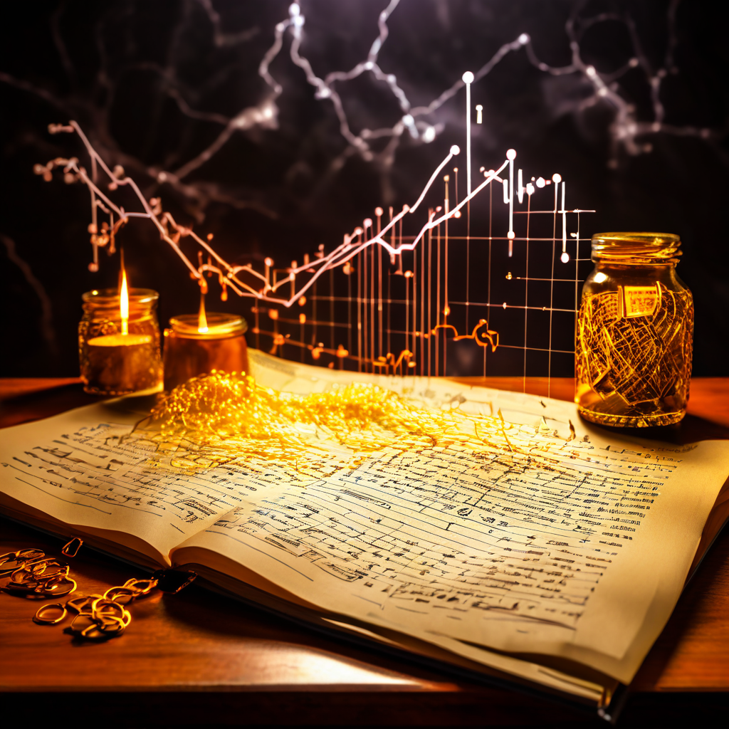 고대 양피지에 적힌 수학 공식이 블록체인의 빛나는 데이터 스트림으로 변수를 입력받아, 혼란스러운 금융 시장 그래프의 폭풍 속에서 확고하게 서 있는 모습을 상징적으로 표현한 이미지입니다.