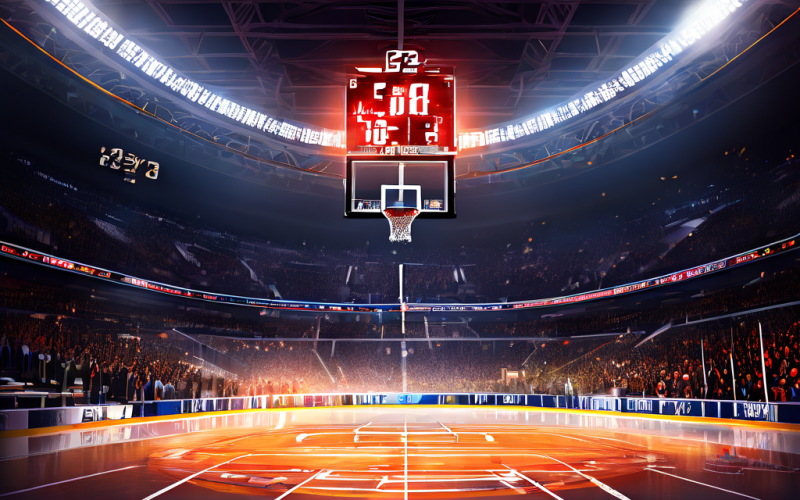 아이스하키 경기 최종 5분을 가리키는 경기장 시계 위에 확률과 필연성을 상징하는 빛나는 수학 방정식이 겹쳐진, 극적인 버저 비터 결승골 장면을 묘사한 이미지입니다.