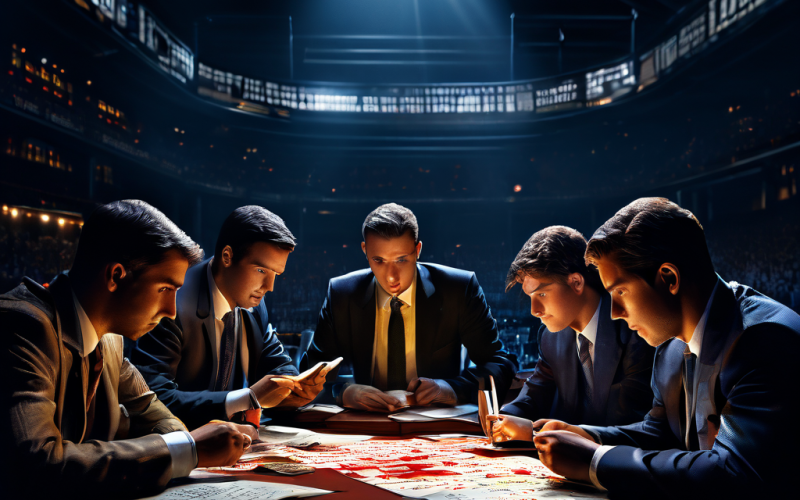 중단된 스포츠 경기 상황에서 베팅자들이 어둑한 조명 아래 규정집을 꼼꼼히 검토하며 세부 조항의 허점을 찾아내는 모습을 담은 이미지입니다.