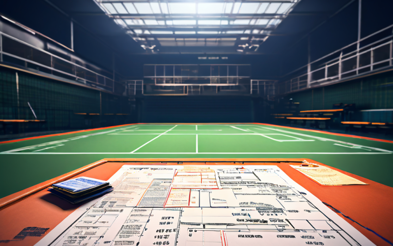 테니스 코트 위에 찢어진 베팅 슬립이 놓여 있고, 위험 분석을 위한 과학적 플로우차트와 규정집 텍스트가 중첩되어 도박의 위험성을 경고하는 개념적 이미지입니다.