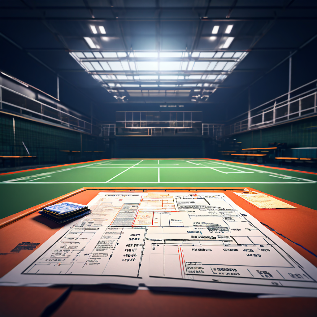 테니스 코트 위에 찢어진 베팅 슬립이 놓여 있고, 위험 분석을 위한 과학적 플로우차트와 규정집 텍스트가 중첩되어 도박의 위험성을 경고하는 개념적 이미지입니다.