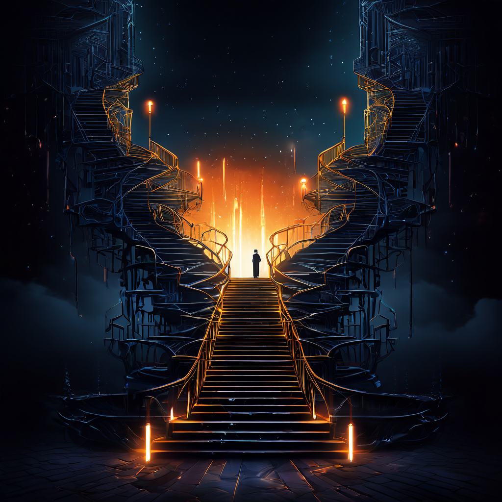 성공과 실패라는 두 가지 선택지가 네트워크 형태로 시각화된 이미지로, 빛나는 계단을 향해 상승하는 길과 어둠의 심연으로 무너지는 길이 갈라지는 모습을 담고 있습니다.