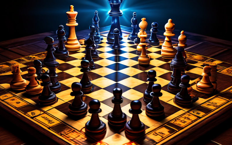 확률이 승패를 결정하는 독특한 전략 게임을 상징하는, 주사위로 된 체스 말과 빛나는 규칙책이 놓인 체스판을 묘사한 이미지입니다.