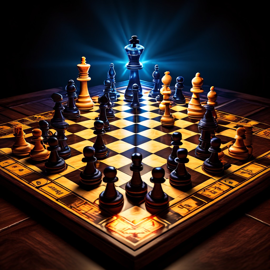 확률이 승패를 결정하는 독특한 전략 게임을 상징하는, 주사위로 된 체스 말과 빛나는 규칙책이 놓인 체스판을 묘사한 이미지입니다.