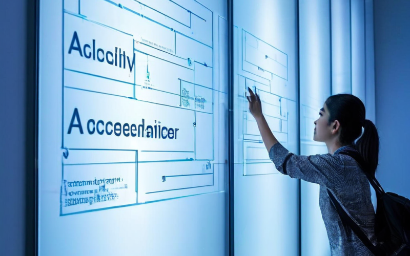 접근성 장벽에 가로막혀 디지털 인터페이스에 도달하지 못하는 사람의 모습을 상징적으로 표현한 일러스트입니다.