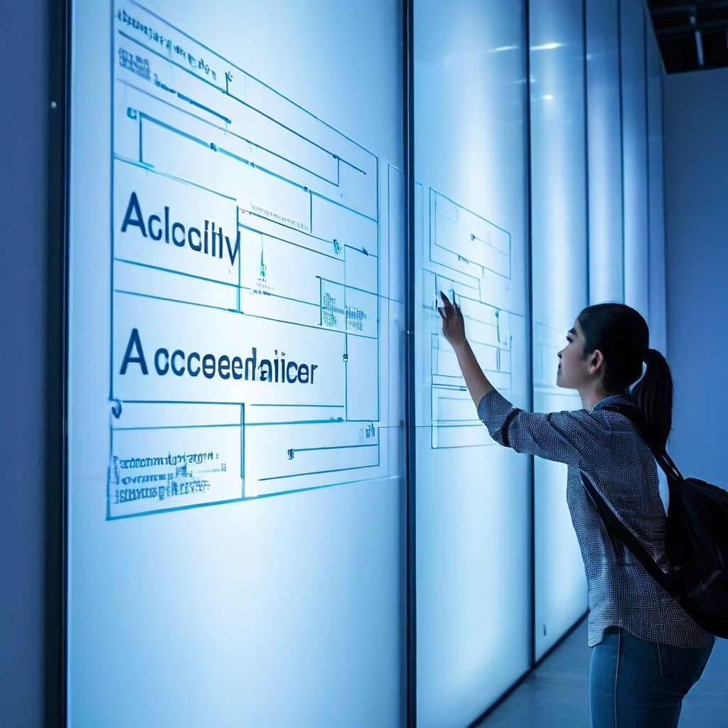 접근성 장벽에 가로막혀 디지털 인터페이스에 도달하지 못하는 사람의 모습을 상징적으로 표현한 일러스트입니다.